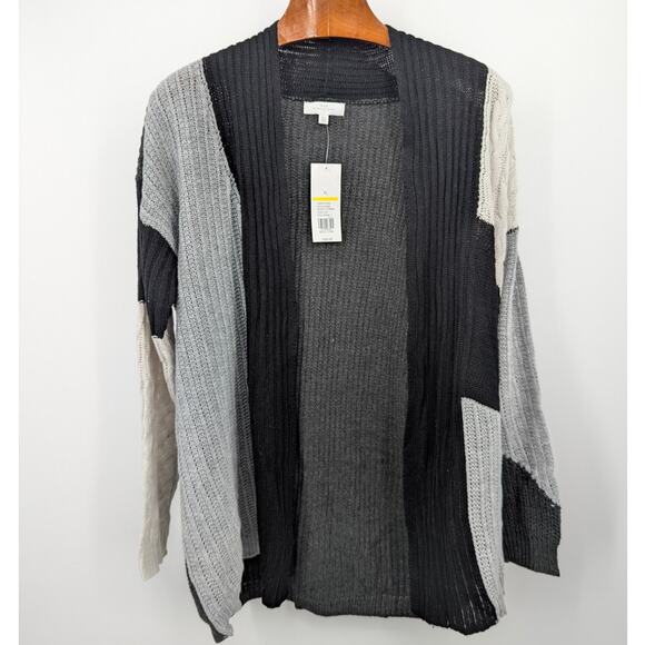 New Directions Cardigan XL Black Gray Colorblock Patchwork Sweater NWT Oversized - Picture 2 of 5